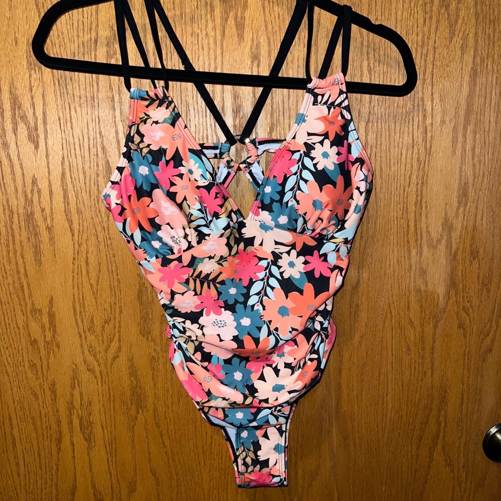 Ai Mage Floral One Piece Swimsuit Women's Size S Backless Criss Cross Straps NWT